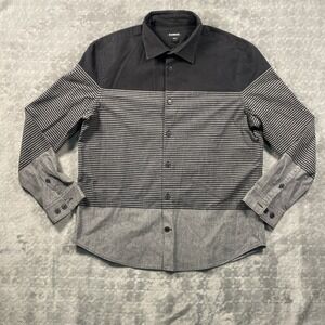 Express Men's Button-Up Dress Shirt Size L Black with Gray and Stripes